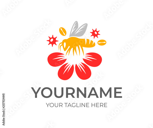 Bee pollinates flower and pollen of fruit trees, logo template. Beekeeping, house insect and animal world, vector design, illustration