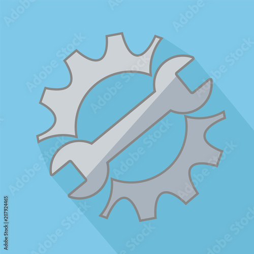 Repair service icon. Black cog and blue wrench icon concept. Repair logo on blue background with long shadow