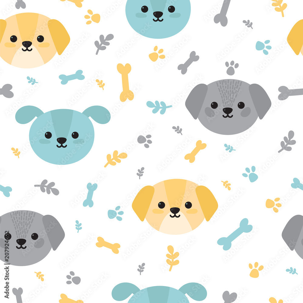Childish seamless pattern with cute little puppies. Trendy background with cartoon dogs. Nursery decoration, wrapping paper