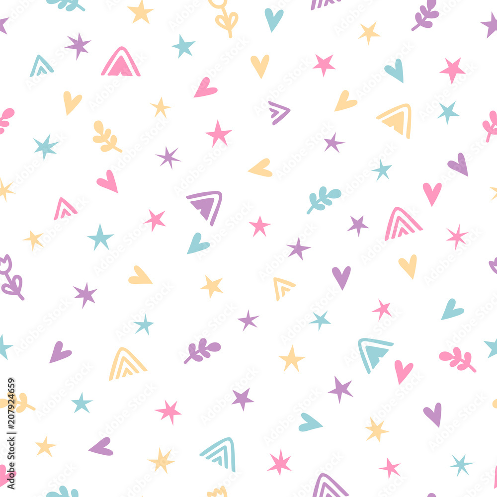 Naklejka Cute childish seamless pattern with hand drawn cartoon elements. Background in scandinavian style. Great for birthday, fabric, textile, cards, wrapping