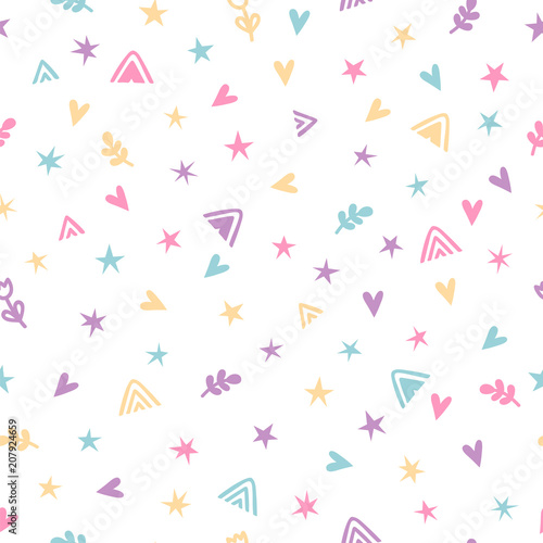 Cute childish seamless pattern with hand drawn cartoon elements. Background in scandinavian style. Great for birthday, fabric, textile, cards, wrapping