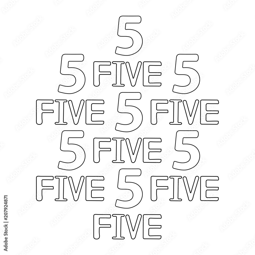 Numeral and word five. Coloring page.