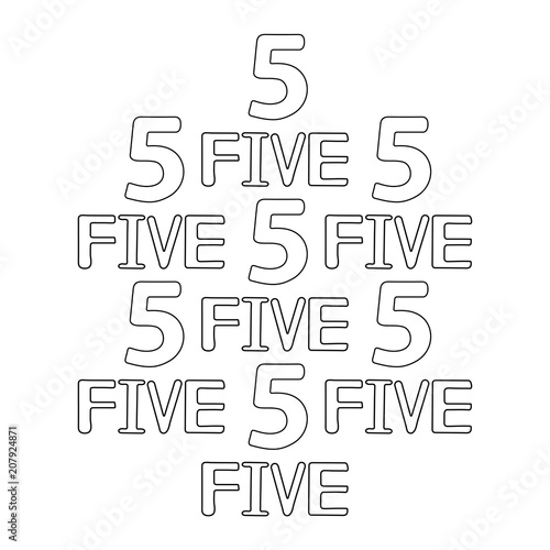 Numeral and word five. Coloring page.