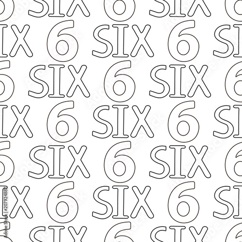 Seamless pattern with numeral and word six. Coloring page.