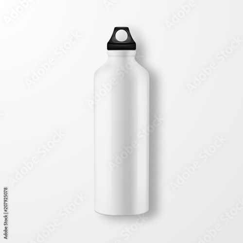 Vector realistic 3d white empty glossy metal water bottle with black bung closeup on white background. Design template of packaging mockup for graphics. Top view