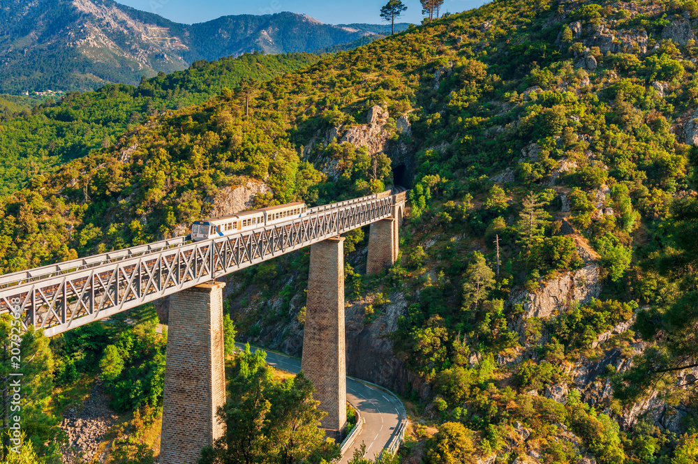 Train crossing Gustave Eiffel's Viaduct in Vecchio, Corsica, France Train crossing Gustave Eiffel's Viaduct in Vecchio, Corsica, France