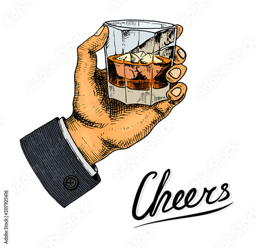 Vintage American whiskey badge. Alcoholic Label with calligraphic elements. Classic frame for poster banner. Glass with strong drink. Cheers toast. Hand drawn engraved sketch lettering for t-shirt.