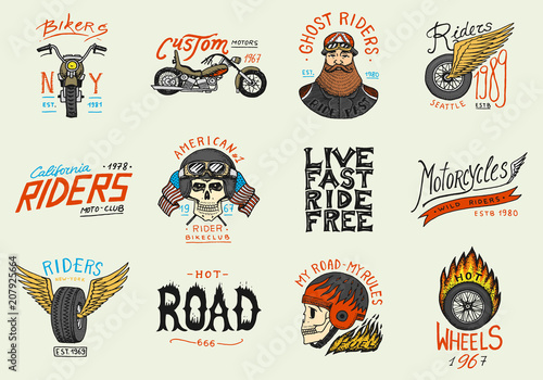 Motorcycles and biker club templates. Vintage custom skulls emblems, labels badges for t shirt. Monochrome retro style. Classic sport motorbike with racing gasoline. Hand drawn engraved sketch