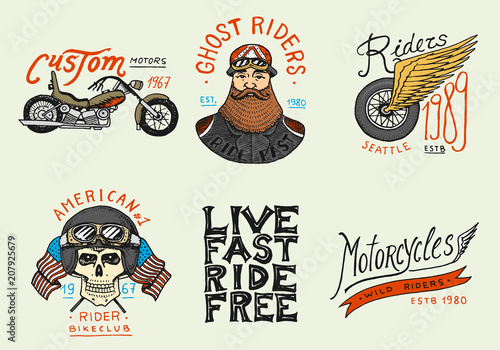 Motorcycles and biker club templates. Vintage custom skulls emblems, labels badges for t shirt. Monochrome retro style. Classic sport motorbike with racing gasoline. Hand drawn engraved sketch