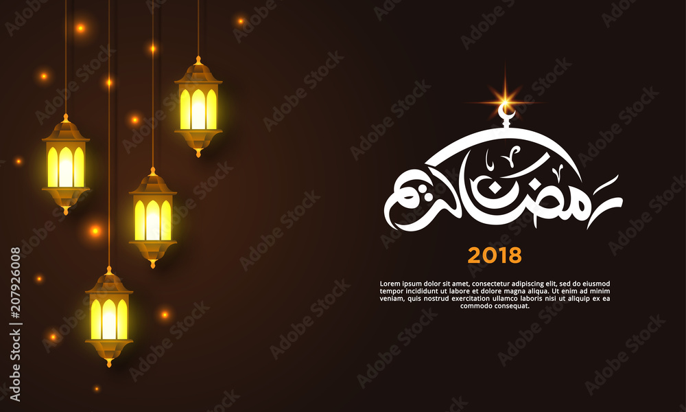 Fototapeta premium Ramadan Kareem concept banner with islamic geometric patterns and frame. Paper cut flowers, traditional lanterns, moon and stars on dark green tosca background color. Vector illustration