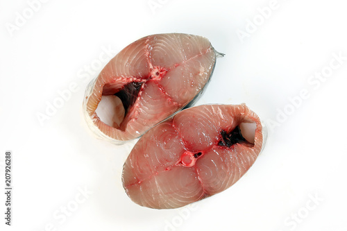 Spanish Mackerel fish ikan tenggiri pieces fillet on white background