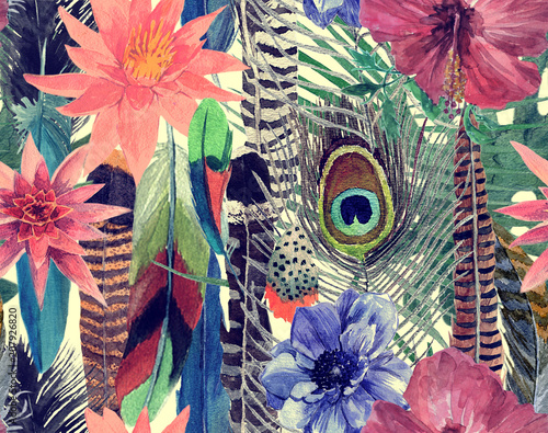 Seamless watercolor hand drawn seamless pattern with leaves, flowers, feathers.