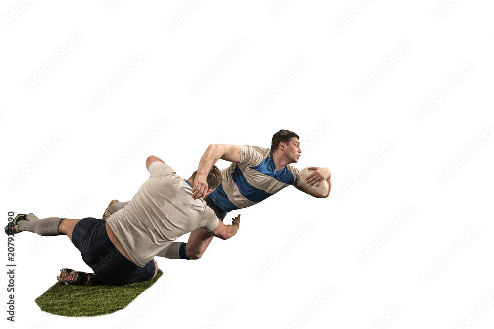 The silhouette of two caucasian rugby man player isolated on white background The silhouette of two caucasian rugby man player isolated on white background