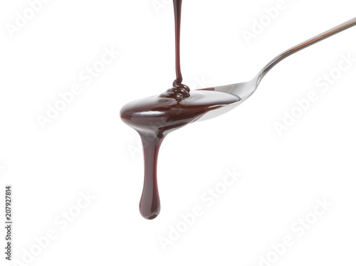 chocolate syrup pouring on spoon, cooking, baking