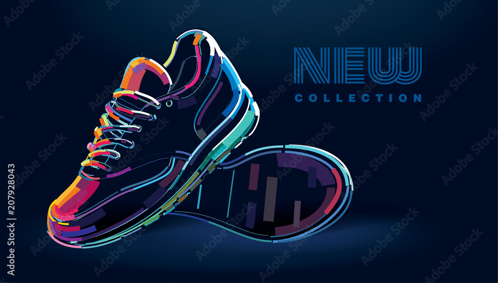 Pair of new sport running shoes. Banner in a digital painting Stock Vector  | Adobe Stock