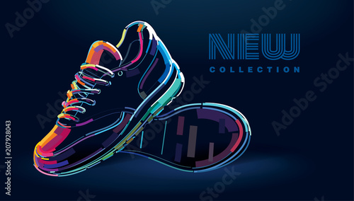 Pair of new sport running shoes. Banner in a digital painting