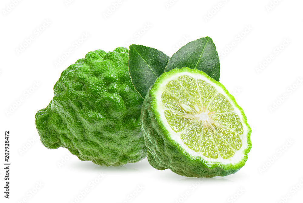 Fresh Bergamot fruit with leaf isolated on white background Fresh Bergamot fruit with leaf isolated on white background