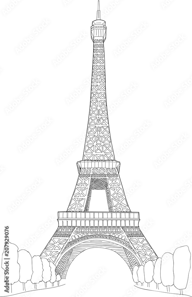 Eiffel Tower, Paris France, Free Hand Sketch Drawing Isolated on White Background