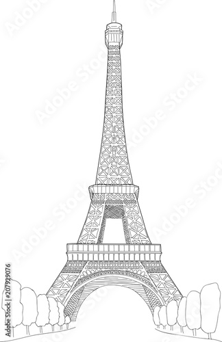 Fototapeta Naklejka Na Ścianę i Meble -  Eiffel Tower, Paris France, Free Hand Sketch Drawing Isolated on White Background