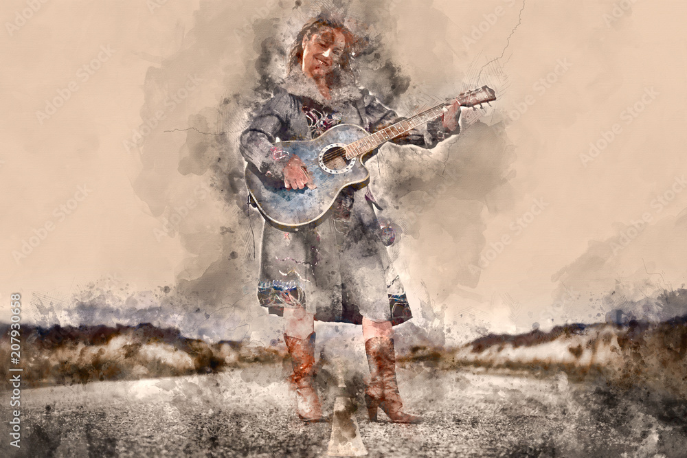 Watercolour painting of Young happy woman standing in middle of a road and playing guitar