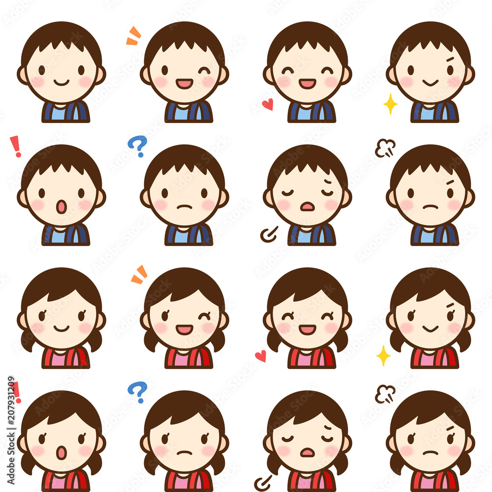 Isolated set of cute elementary school student boy & girl avatar expressions Isolated set of cute elementary school student boy & girl avatar expressions