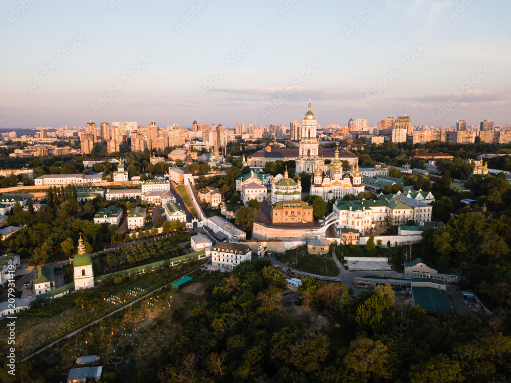 Aerial top view of Kiev Pechersk Lavra churches on hills from above, cityscape of Kyiv city