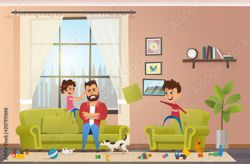 Mad Father at Home with Naughty Children Vector