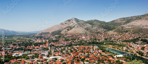 Panoramic landscape Montenegro. View from the top of the mountain. Panoramic Landscape Of Mountain. city.