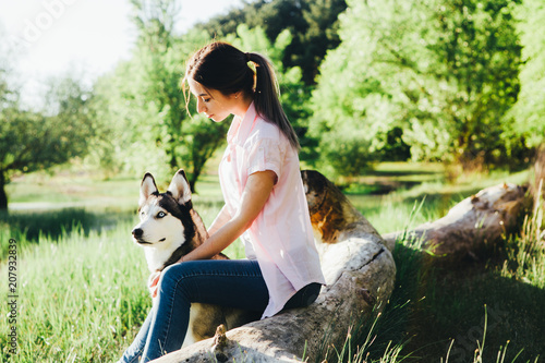 A young girl is training a dog of the Husky breed. photo