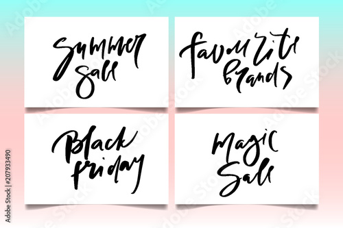 Vector illustration of calligraphy summer sale, favourite brands, black friday, magic sale, logotype, print, text for sell out, clearance sale, closeout, giveaway, promo of fashion, floristic