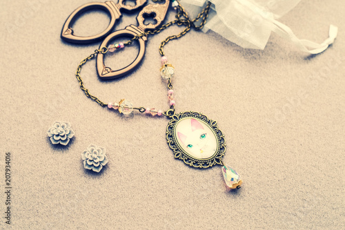 Pendant with crystals and cameo vintage style, women's accessories, decoration for girls, embroidery and weaving beads