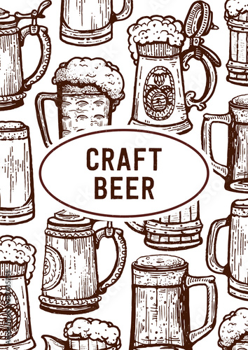 Vintage engraving style craft beer menu template. Retro brewery engraving. Craft beer Local brewery. Beer pint hand drawn ink sketch.