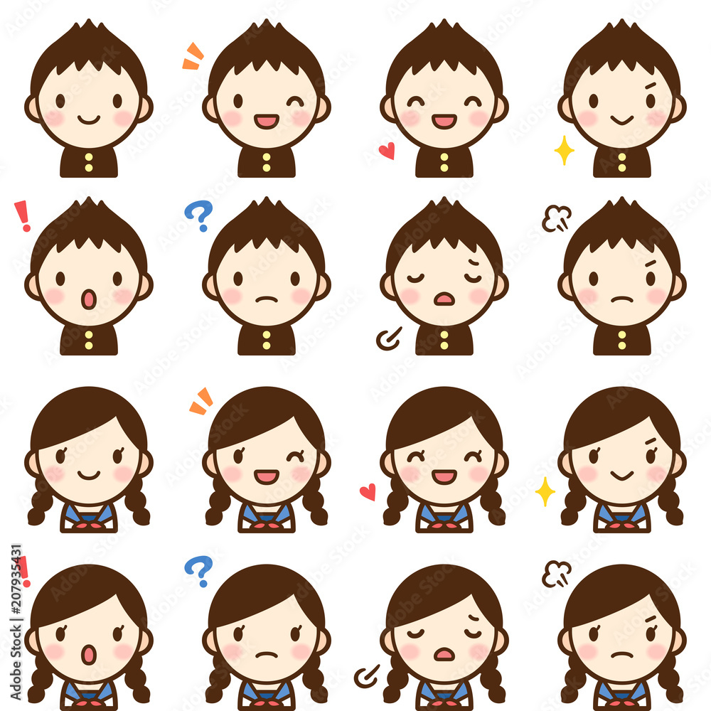 Isolated set of cute junior high school student boy & girl avatar expressions Isolated set of cute junior high school student boy & girl avatar expressions