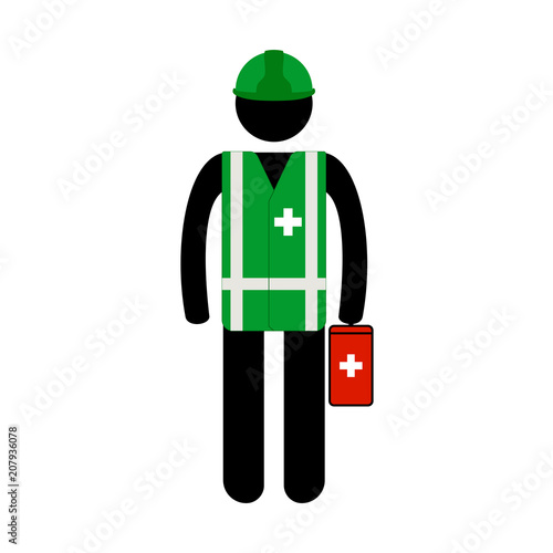 Vector pictogram site doctor in green vest and helmet with first aid kit box