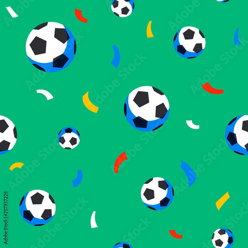 Football players seamless pattern. Sport championship. Soccer players with football ball. Full color background in flat style. Russian football cup.