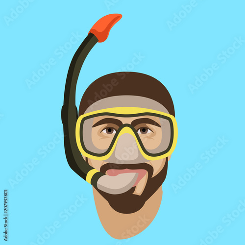  man face in diving mask and snorkel flat style