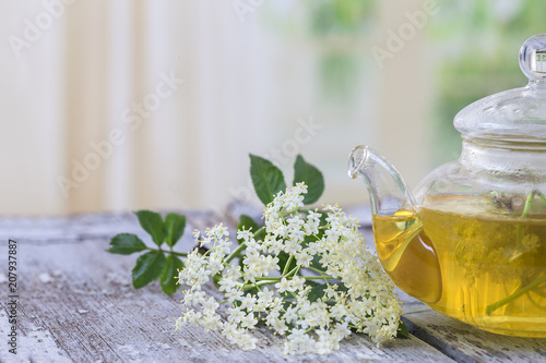 Hot Elderflower tea, fresh elder flower in glass tea pot photo