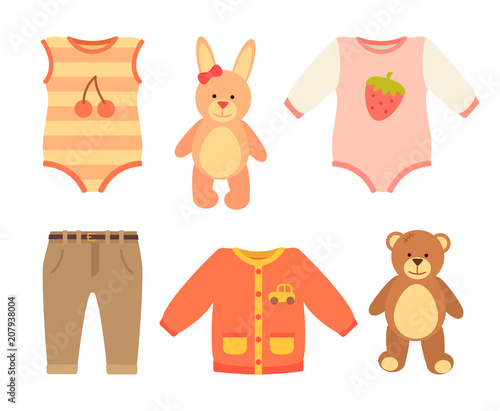 Baby Clothes and Set of Toys Vector Illustration