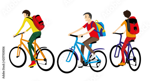 Cyclists with backpacks on a white background.