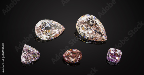 Set of luxury pink and purple transparent sparkling gemstones of various cut shape diamonds collage on black background