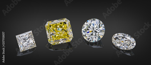 Photography Set of luxury transparent sparkling yellow and colorless gemstones of various cu