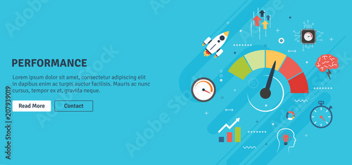 Performance and efficiency, growth in business and speed for success in startup or new business. Increase in finance. Internet banner concept in flat design vector illustration in blue background. photo
