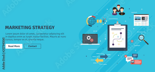 Marketing strategy, advertising and business. Team work, communication and business icons. Marketing strategy and advertising internet banner concept with icons in flat design vector illustration.