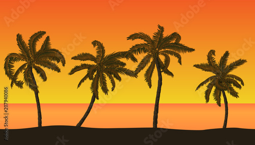 Seamless vector summer beach landscape with detailed palm trees on orange sunset background.