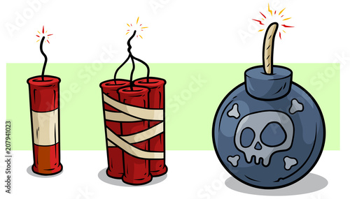 Cartoon red dynamite and bomb with wick vector set