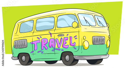 Cartoon retro van bus with text label Travel