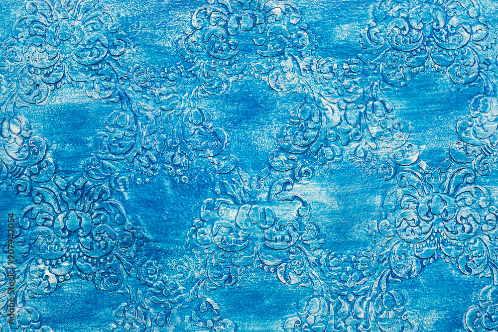  A turquiose raised pattern on paper, acrylic painting, blue vintage pattern made with acrylic paints