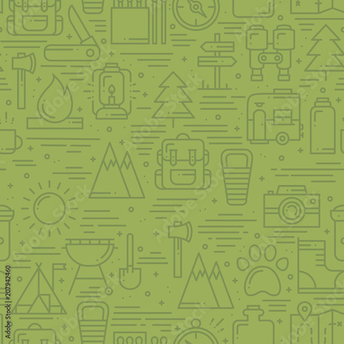 Hiking and Camping Seamless Pattern in Line Style. Outdoor Camp Adventure Theme. Vector illustration. Background. Hiking Print.