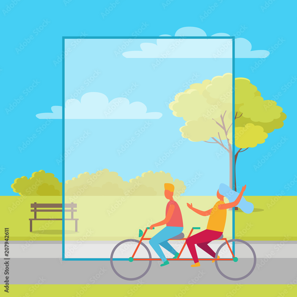 Fototapeta premium Couple Riding Double Bicycle in Summertime Park