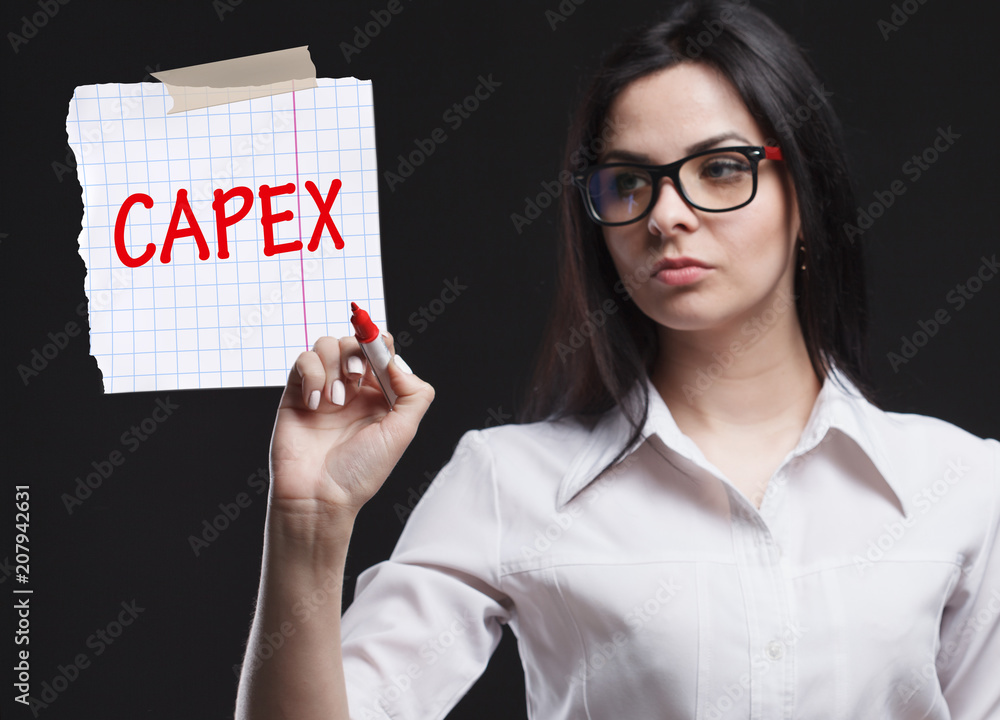 The concept of marketing, technology, the Internet and the network. A young businessman shows what is important for business: Capex The concept of marketing, technology, the Internet and the network. A young businessman shows what is important for business: Capex